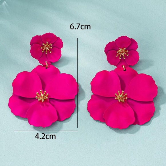 Hot Pink Flower Drop Earrings - Picture 5 of 6